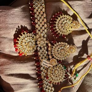 4/$100 Gold Kundan Necklace Set with Red Beads